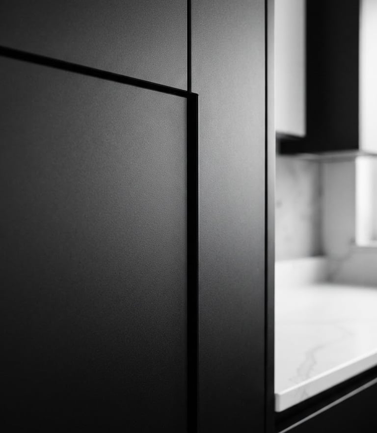 Close-up architectural photography of a perfectly aligned matte black kitchen cabinet joint, crisp natural light, high-contrast neutral tones, sharp focus