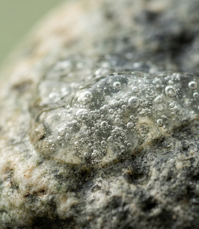 Macro close-up of clear aloe vera gel texture with tiny air bubbles on wet stone, soft morning light, shallow depth of field