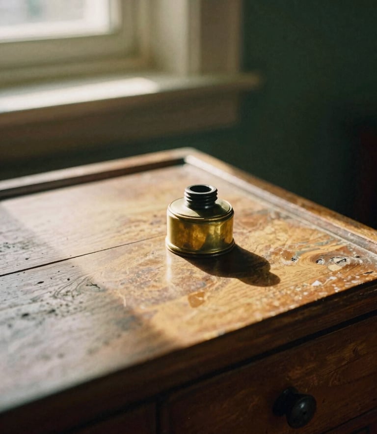 Close-up of weathered wooden writing desk, an antique brass inkwell, soft golden hour window light casting deep shadows, 35mm film grain