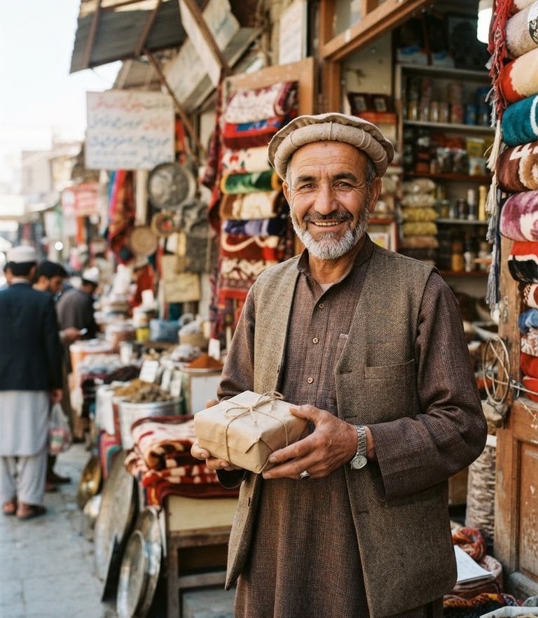 A warm portrait of a smiling Afghan merchant in front of his Kabul shopfront, holding a small package, bright natural daylight, rich authentic tones