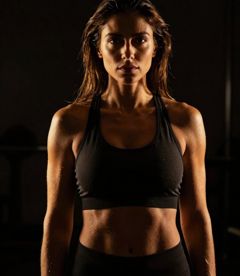 Dramatic low-key fitness portrait of Dr. Samira Parazaran, intense golden rim lighting, deep black background, high-contrast, sharp focus, 85mm