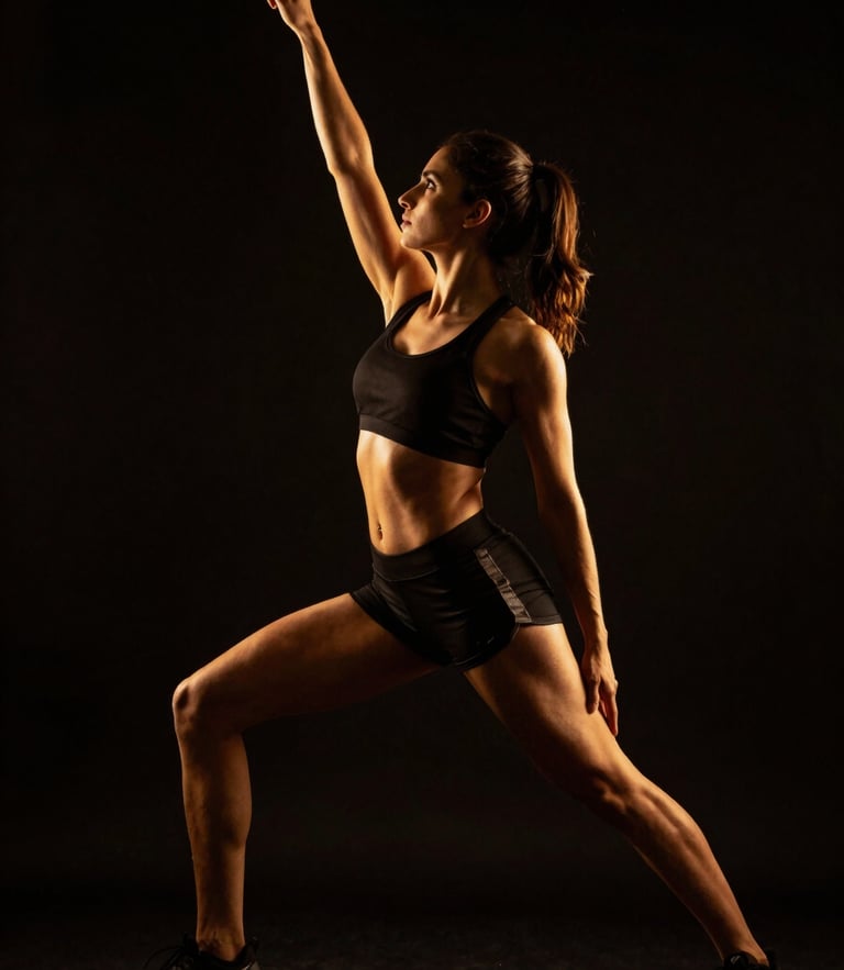 Dramatic low-key fitness photography of Dr. Samira in a high-fashion athletic pose, intense golden rim lighting, deep black background, sharp focus, 85mm