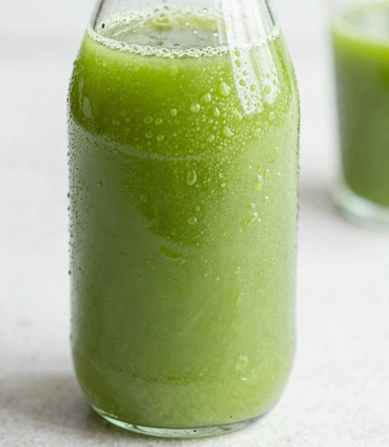 Macro close-up of a condensation-beaded glass bottle of vibrant green juice on a clean light stone surface, soft high-key natural daylight, 35mm