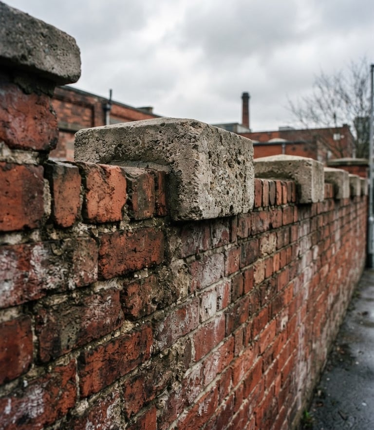 Low-angle architectural shot of hand-cast stone pier caps installed on a weathered red brick wall, overcast natural daylight, cool slate tones, sharp focus, 35mm