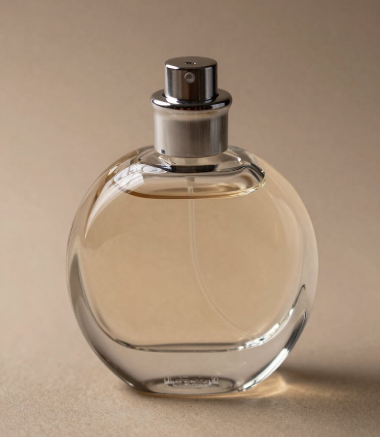 Macro close-up of a sculptural clear glass perfume bottle reflecting soft directional studio light on a warm taupe surface, 85mm lens