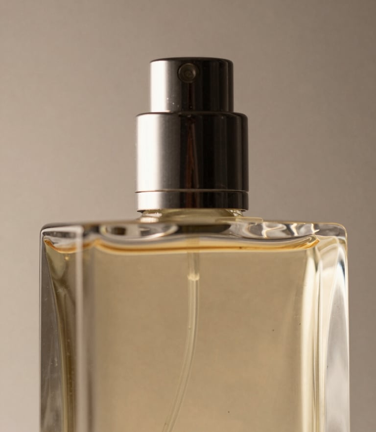 Macro close-up of a sculptural luxury perfume bottle reflecting soft directional studio light, warm neutral background, 85mm lens