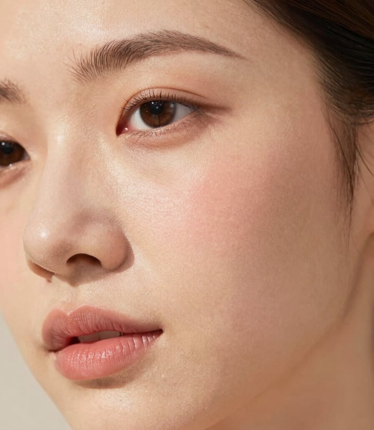 Close-up of healthy, glowing skin with soft sunlight highlighting natural texture, warm blush tones, editorial 35mm photography