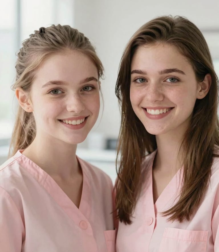 Portrait of two sisters, Emily and Sophia, smiling warmly in a bright aesthetic clinic, soft diffused daylight, blush and rose tones, shallow depth of field, 35mm