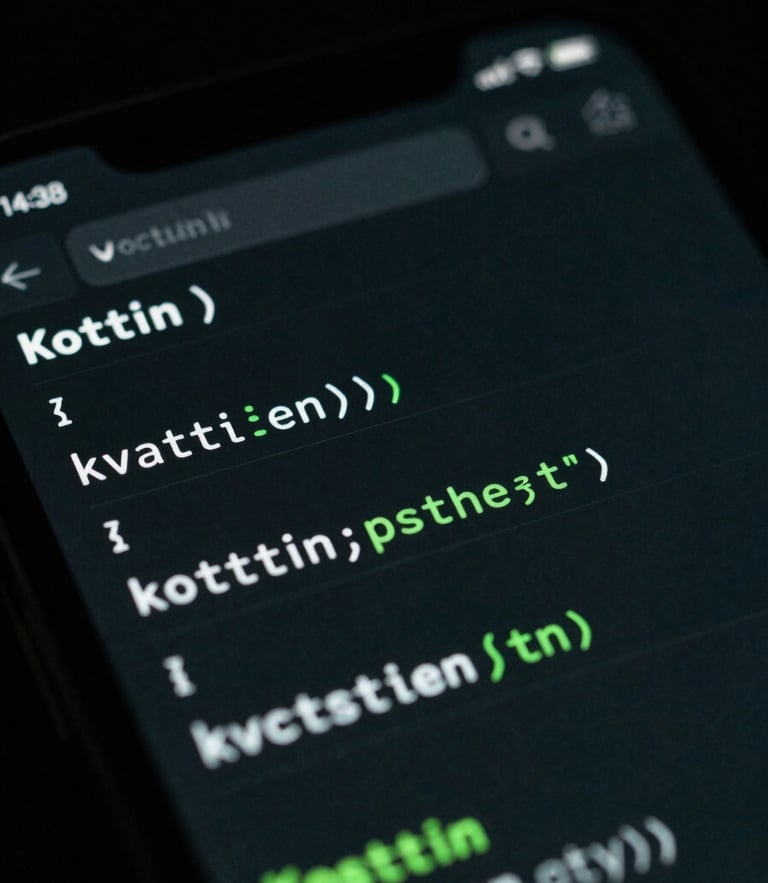 Macro close-up of a high-end mobile device screen displaying clean, syntax-highlighted Kotlin code in a dark IDE, sharp focus, low-key studio lighting with a subtle emerald green glow