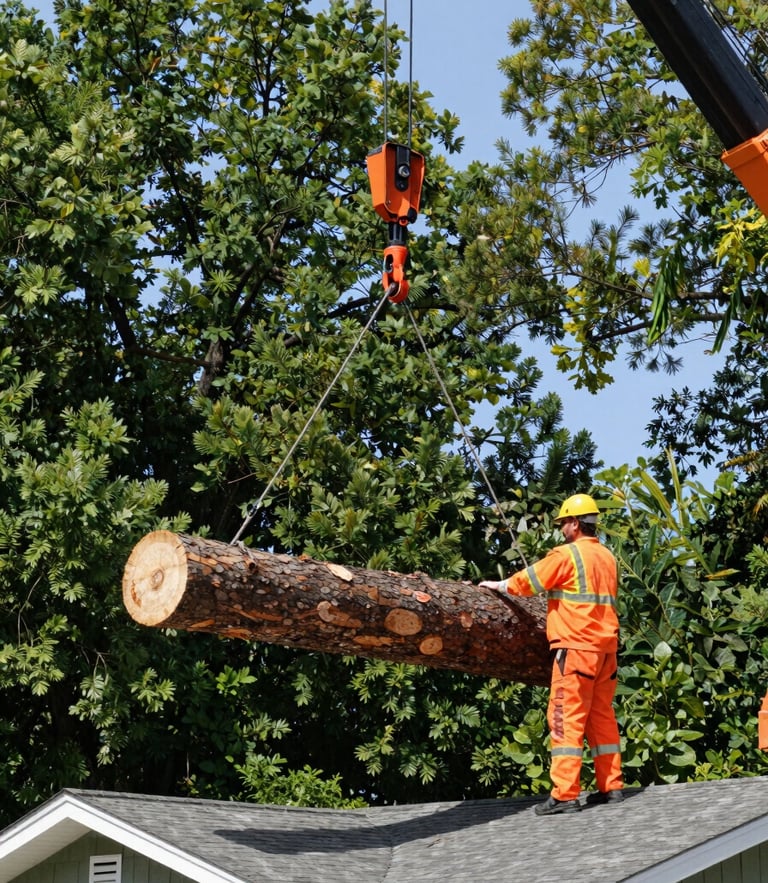 Low-angle heroic shot of a heavy crane lifting a massive pine trunk over a residential roof, certified arborist in high-vis safety orange gear guiding the line, bright Carolina daylight.