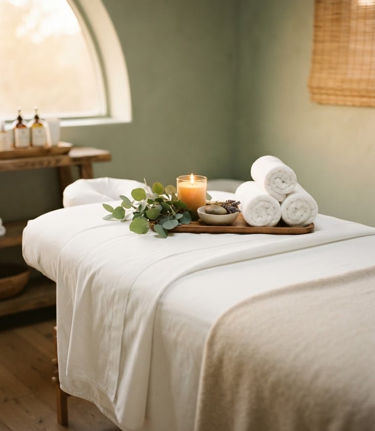 Pristine massage table with crisp white linens, soft golden candle lighting, rolled towels next to eucalyptus leaves, warm editorial style, 35mm