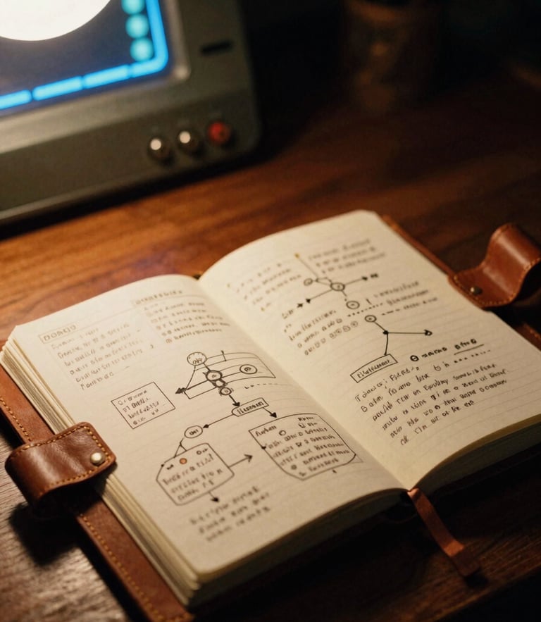 A close-up of a traveler's leather field journal open on a wooden desk, detailed hand-drawn system diagrams and notes, warm localized lamp light, 35mm film grain