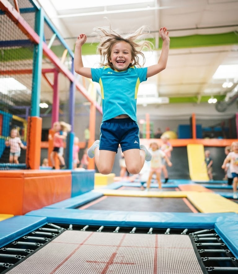 Vibrant action shot of a happy child jumping high on a trampoline, bright indoor lighting, dynamic low angle, crisp 35mm