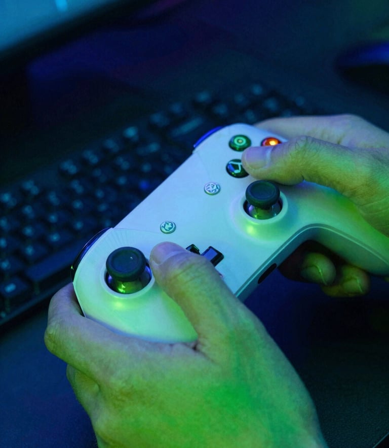 Close-up of hands on a gaming controller under intense electric blue and acid green neon lighting, high-contrast, vibrant cyber tones, shallow depth of field
