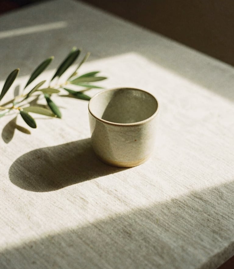 A sun-drenched minimalist workspace with soft shadows on textured linen paper, a ceramic cup, and delicate olive branches in morning light, 35mm film.