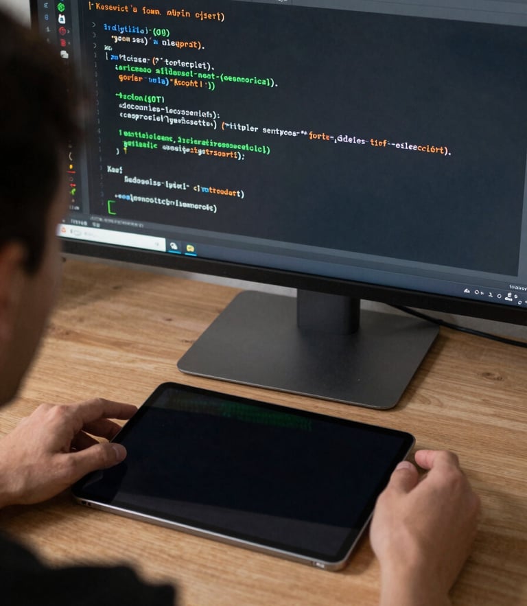 Macro over-the-shoulder shot of a developer analyzing Kotlin code on an ultra-wide monitor, subtle green rim lighting reflecting off a physical Android tablet on the desk.