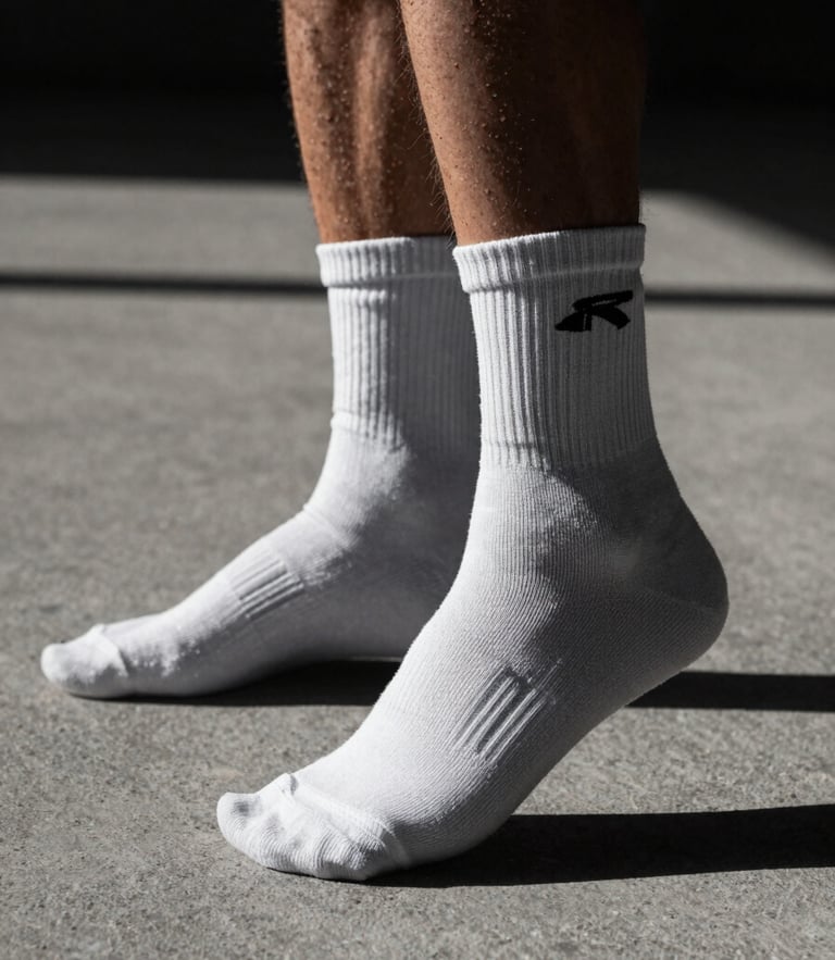 Low-angle action shot of an athlete's feet pivoting on a concrete basketball court, sharp focus on the high-performance sock texture, dramatic natural sunlight with deep shadows, desaturated grayscale tones, 35mm lens.