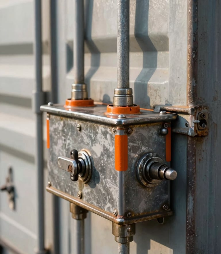 Close-up of industrial shipping container locking rods and a heavy steel lockbox, morning light catching the metallic welds and safety orange paint accents.