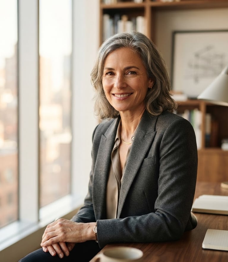 Close-up environmental portrait of an executive in a sunlit architectural office, warm editorial tones, shallow depth of field, 85mm lens