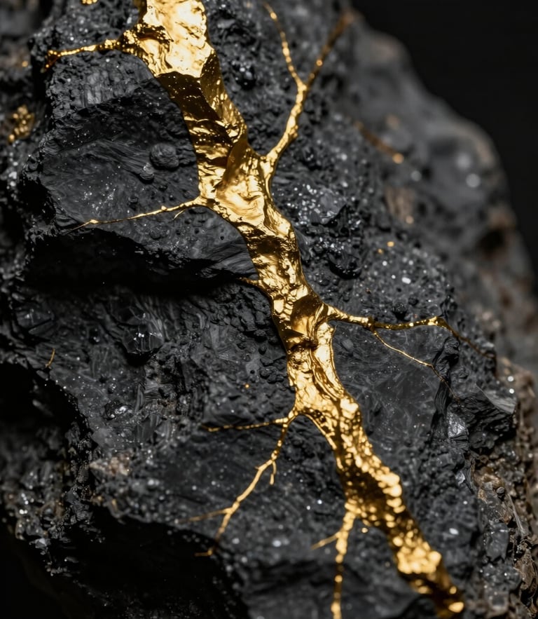 An extreme close-up of raw gold ore veins embedded in dark quartz, low-key dramatic lighting, sharp macro focus, metallic gold highlights against deep graphite shadows.