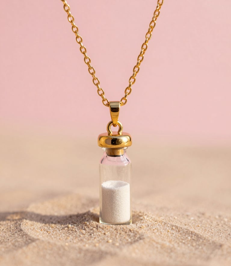 Macro portrait photography of a delicate customized gold necklace with a tiny glass vial containing white desert sand, styled on a warm pastel pink background under natural golden-hour light.