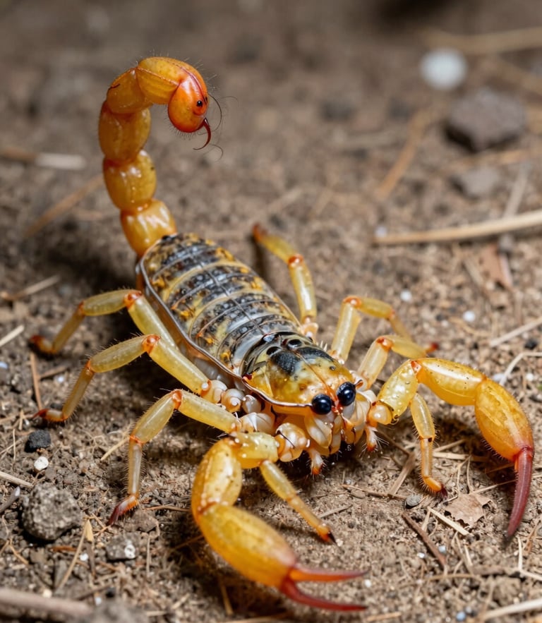 Extreme macro photography of a Brazilian yellow scorpion on dry ground, clinical high-contrast lighting, sharp focus on the stinger, sterile scientific framing.
