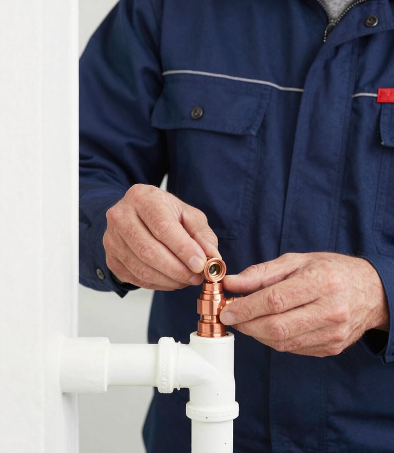 Close-up of a professional plumber in a clean navy uniform adjusting a copper pipe fitting, bright natural utility lighting, sharp focus, 35mm lens
