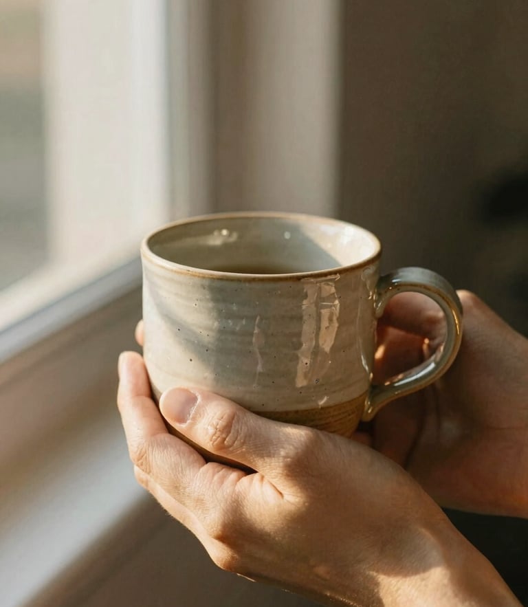 Close-up of hands holding a warm handmade ceramic mug, soft dappled golden-hour sunlight filtering through leaves, organic textures, shallow depth of field, 35mm film