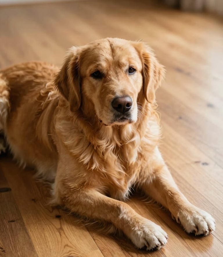 Eye-level warm editorial photo of a relaxed golden retriever lying on a clean hardwood floor in soft afternoon sunlight, shallow depth of field, 35mm
