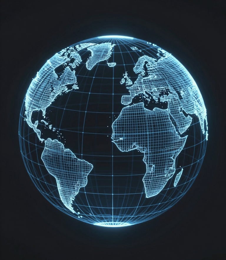 Stylized glowing wireframe globe graphic, dark slate background, subtle blue neon lines, minimalist technical design, high contrast