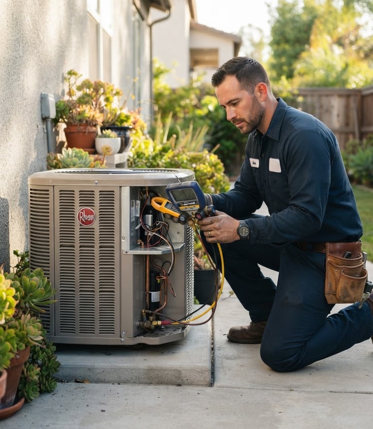 A professional technician in a clean blue uniform inspecting a modern air conditioning unit on a bright Cali afternoon, holding diagnostic tools, natural lighting.