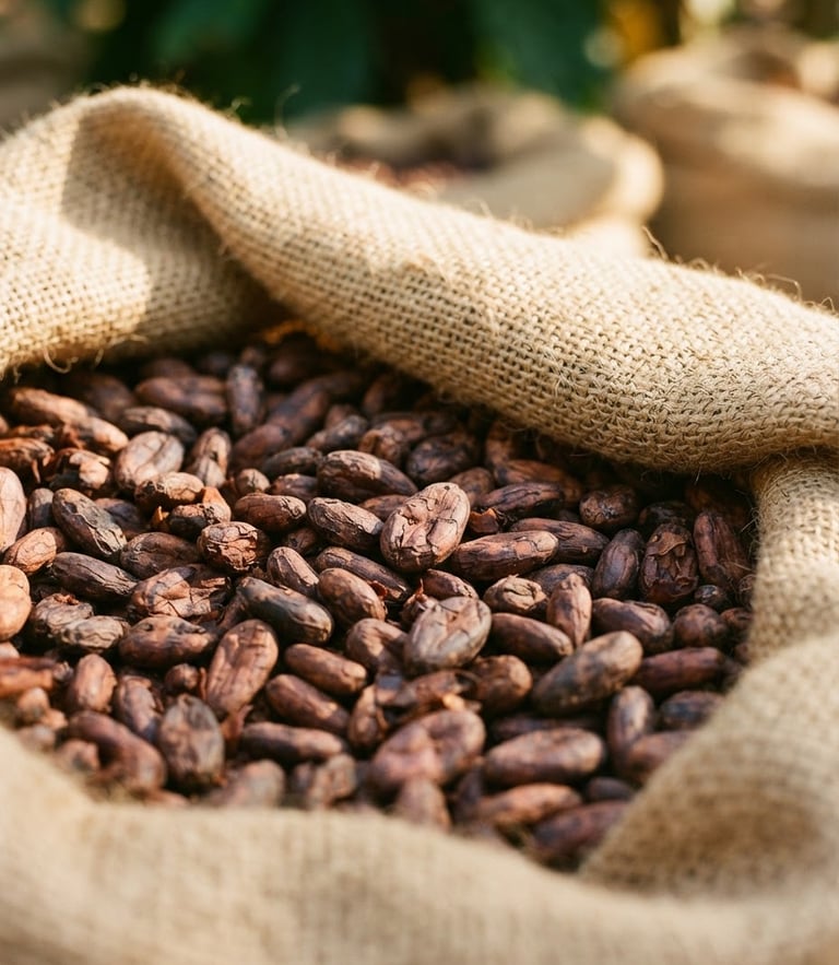 Medium close-up of raw grade-A cocoa beans in a woven jute sack, warm natural golden sunlight highlighting texture, 35mm lens