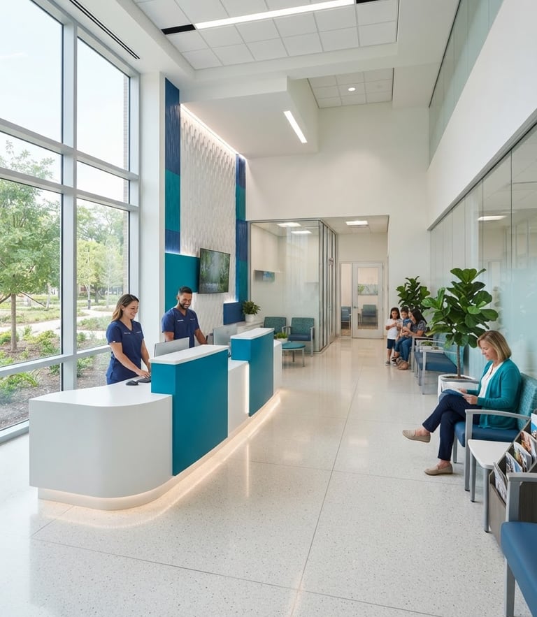 Bright clinical photography of a modern, clean medical center lobby with soft daylight, high-contrast blue accents, sharp focus.