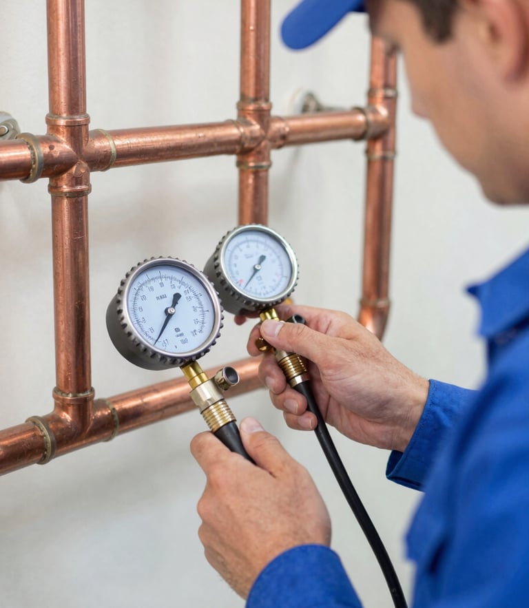 Medium close-up of a professional technician in a blue uniform inspecting copper gas pipes with a digital pressure gauge under bright daylight, crisp focus.