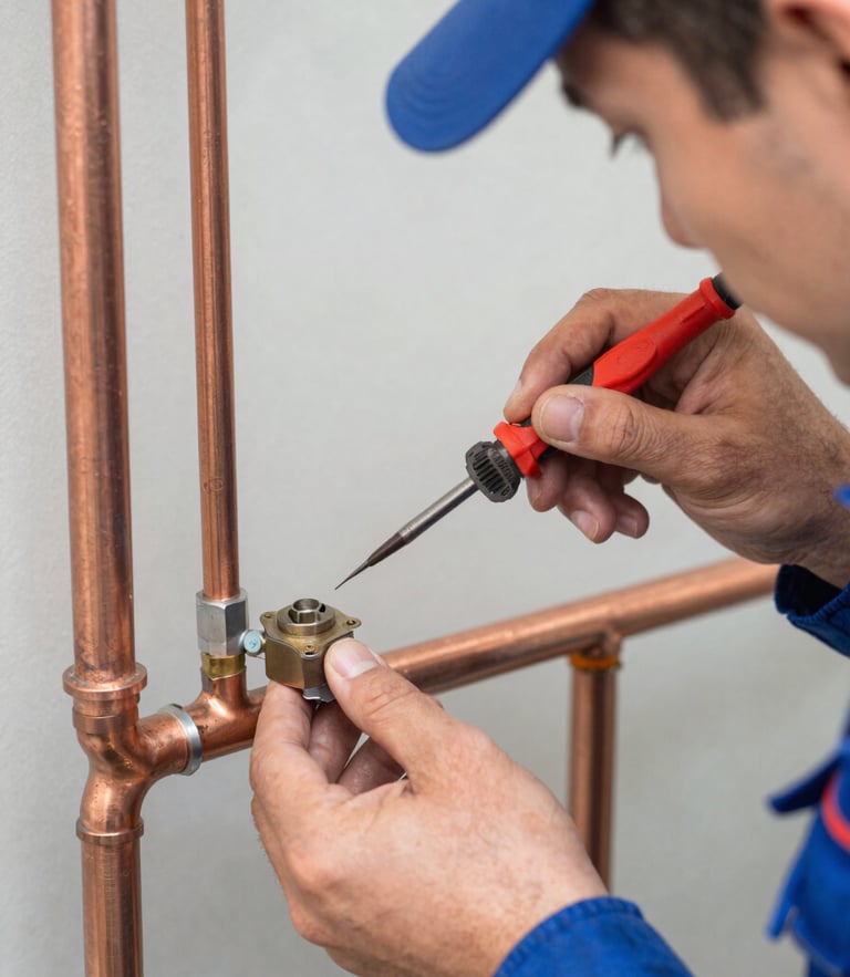 Close-up of a professional technician in a clean uniform soldering copper pipes for a gas network, bright natural daylight, 35mm
