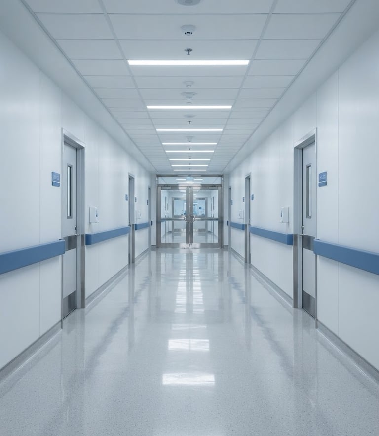 Symmetrical wide-angle shot of a pristine hospital corridor with polished floors reflecting cool fluorescent overhead lights, crisp blue and white tones
