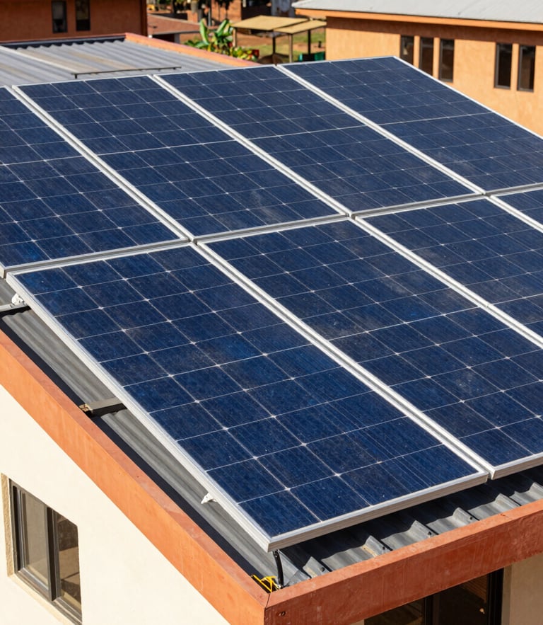 Crisp documentary photography of a completed solar panel array on a modern building in Limbe, bright natural Cameroonian daylight, sharp focus