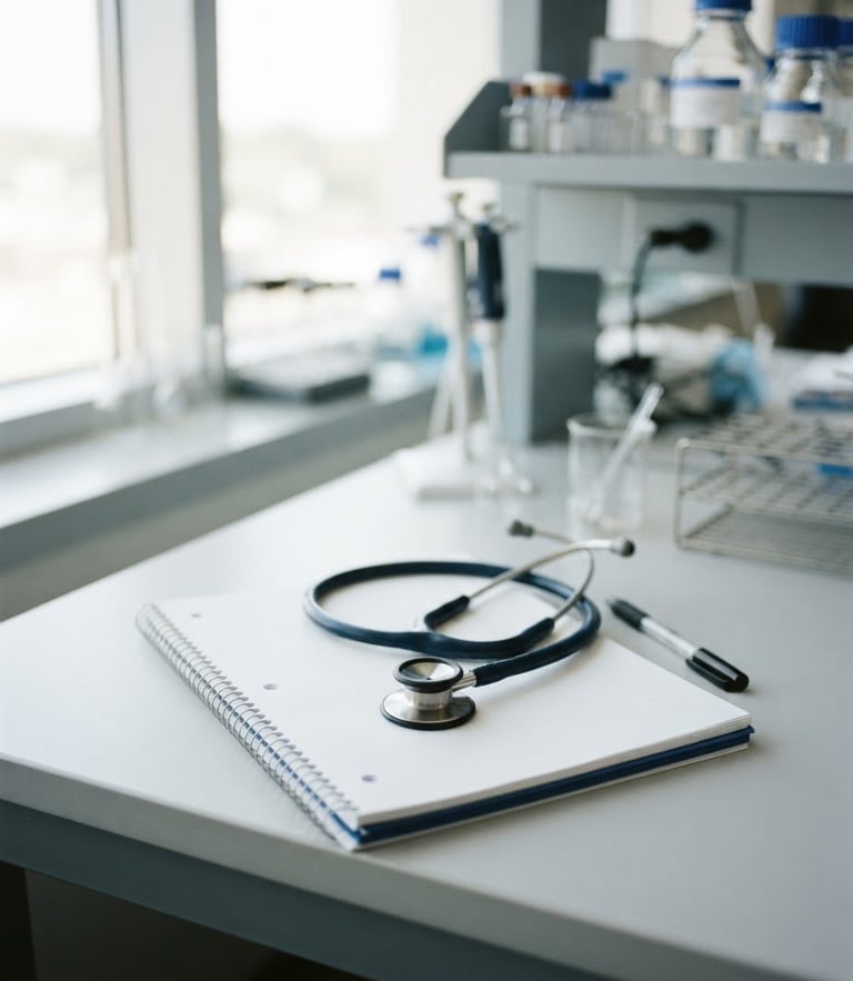 A quiet, sunlit laboratory desk with a clean notebook, a stethoscope, and soft blue accents, shallow depth of field, clinical editorial photography, 35mm