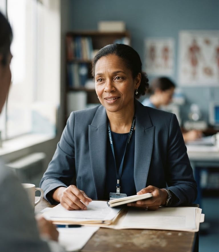 Honest eye-level portrait of a clinical advocate in soft natural window light, cool slate tones, shallow depth of field, 35mm