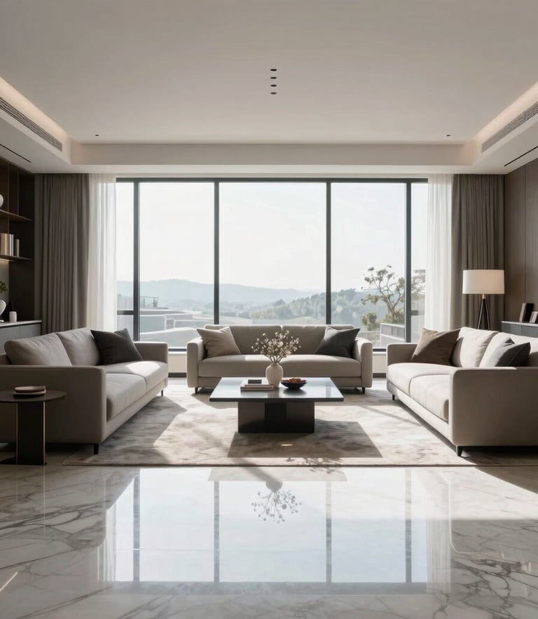 Symmetrical wide shot of a pristine modern luxury living room, high-contrast natural light streaming through spotless floor-to-ceiling windows, gleaming marble floors reflecting minimalist furniture.