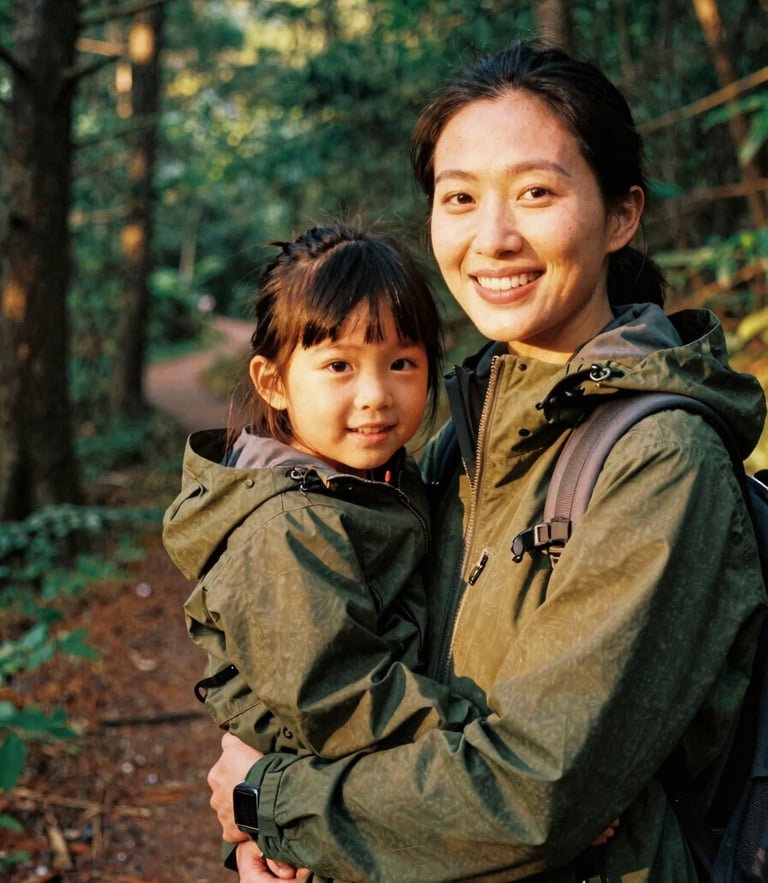 A close-up of a smiling mother and her young daughter on a sunlit forest trail, wearing durable olive green outdoor gear, warm golden-hour light, 35mm film style