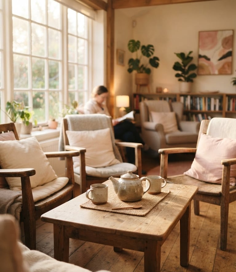A warm interior room of a community care center, soft golden morning light streaming through a window, comfortable wooden chairs, a teapot and cups on a low table, shallow depth of field