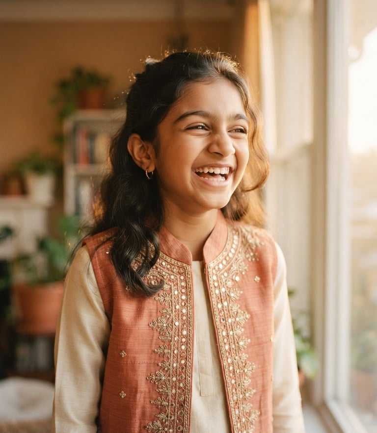 A medium-close portrait of a ten-year-old girl in a soft terracotta Indo-Western vest, laughing naturally under warm diffused golden-hour window light, 35mm photography with shallow depth of field.