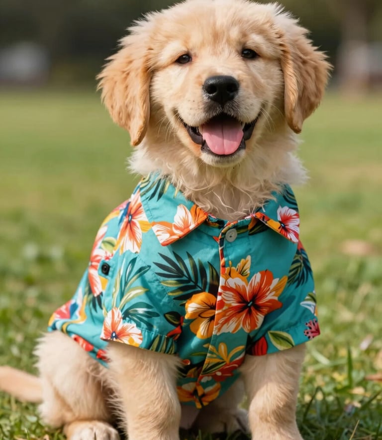 A happy small golden retriever puppy wearing a vibrant tropical floral shirt, sitting in a sunny park, looking directly at the camera, warm natural daylight, bright editorial pet photography