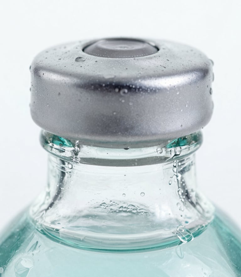 Macro close-up of a hermetic silver cap on a glass bottle neck, delicate water condensation, cool high-key lighting, technical precision.