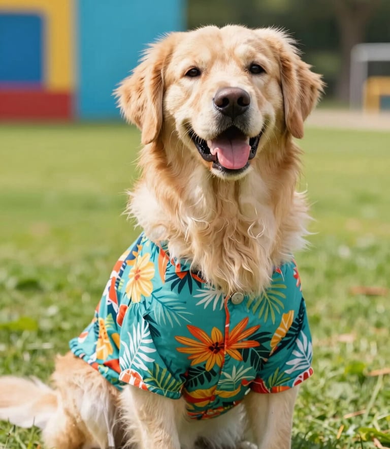A happy golden retriever wearing a colorful tropical shirt sitting in a bright, sunlit park, eye-level shot, sharp focus, shallow depth of field, 35mm