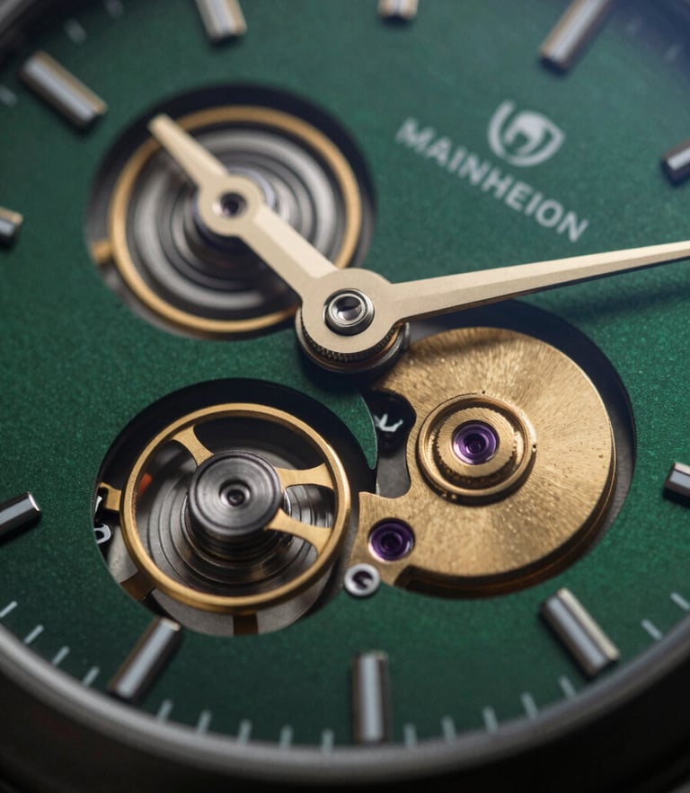 Macro shot of a luxury watch dial showing gold mechanical movements, dark green background, moody lighting, 85mm lens