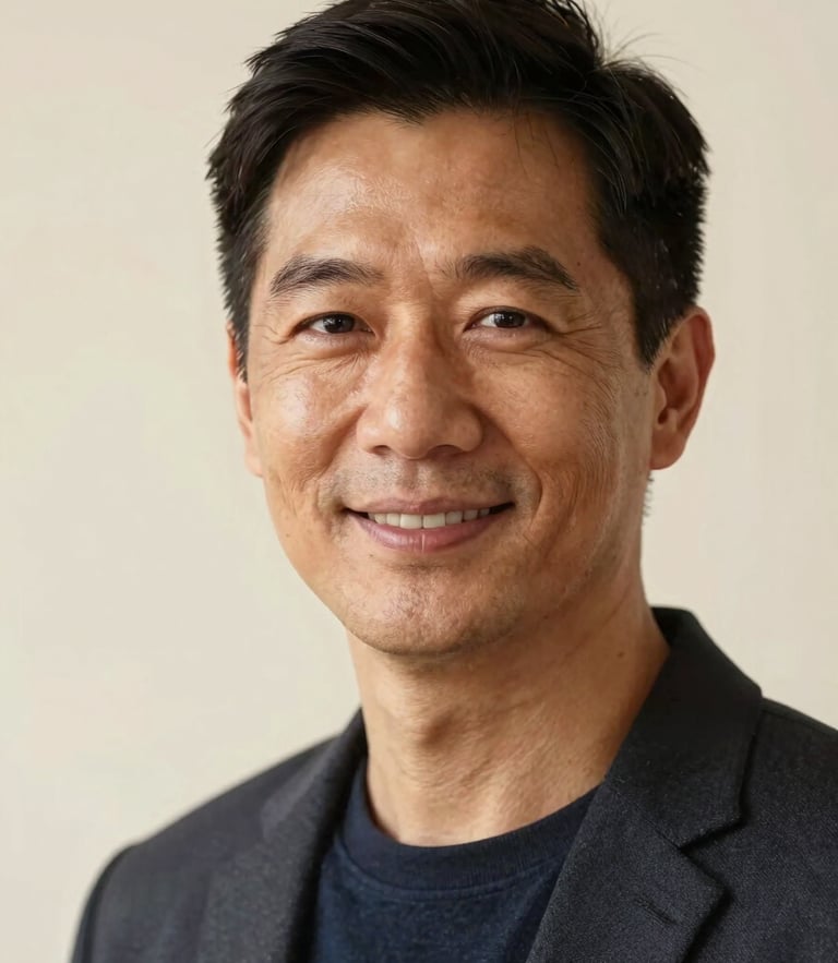 Warm and authentic portrait of a professional looking approachable and gently smiling, soft natural daylight with warm undertones, minimal cream background