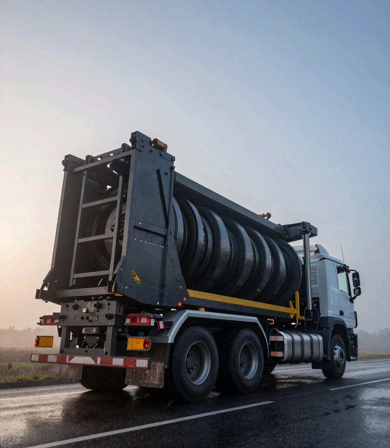 Low-angle wide shot of a massive heavy recovery rotator truck parked on wet highway tarmac at dawn, high-contrast cold mist, steel rigging visible