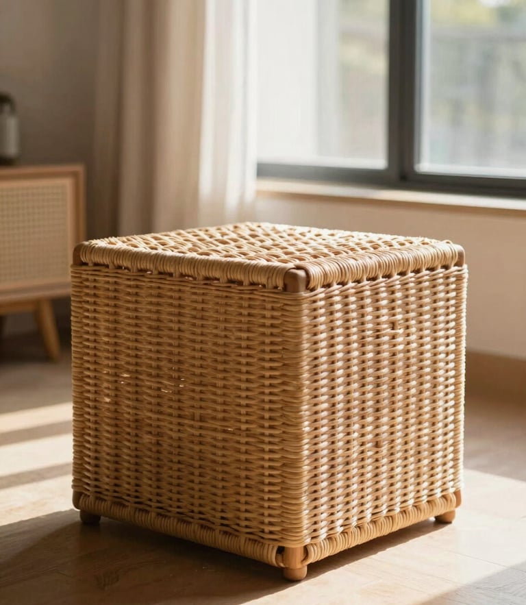 Low-angle warm editorial photograph of a rattan cube storage ottoman in a sunlit modern living room, soft window daylight, earth tones.